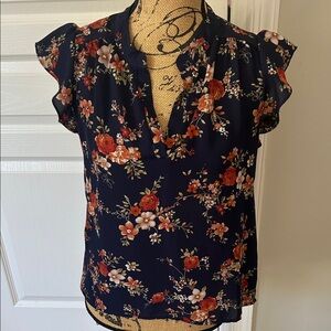 Sweet Rain Navy Floral Blouse with Ruffle Detail